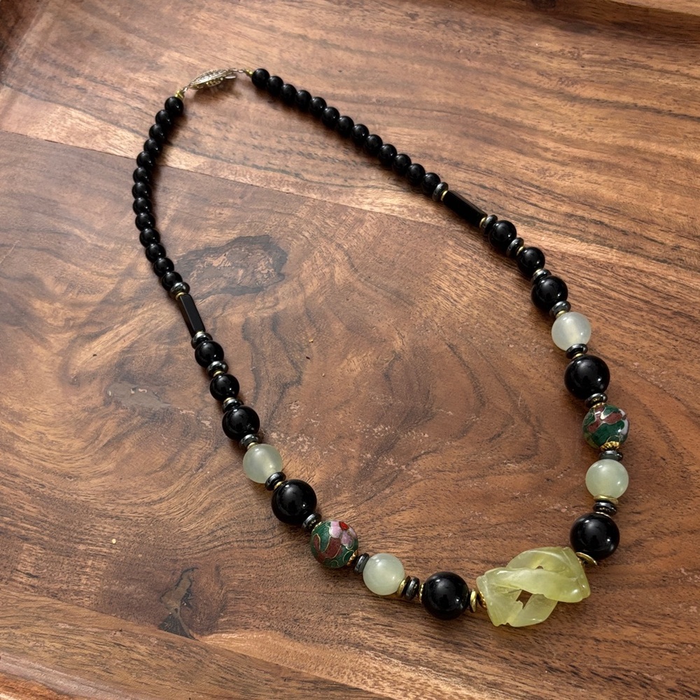 Vintage Handcrafted Black Onyx Bead Necklace with green jade carved Pendant